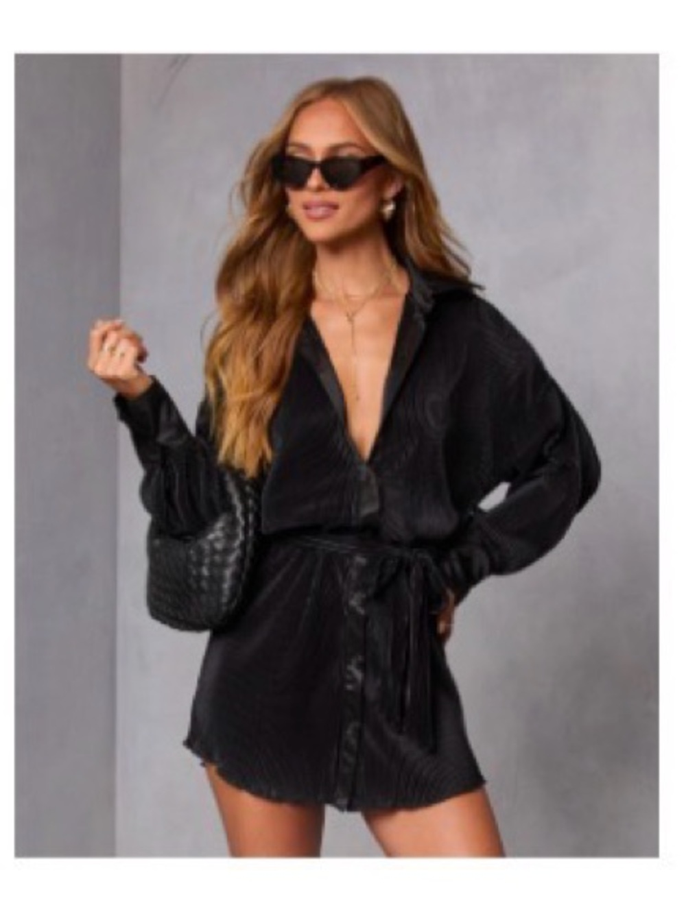 VICI Dusty Blue Pleated Shirt Dress with Satin Trim